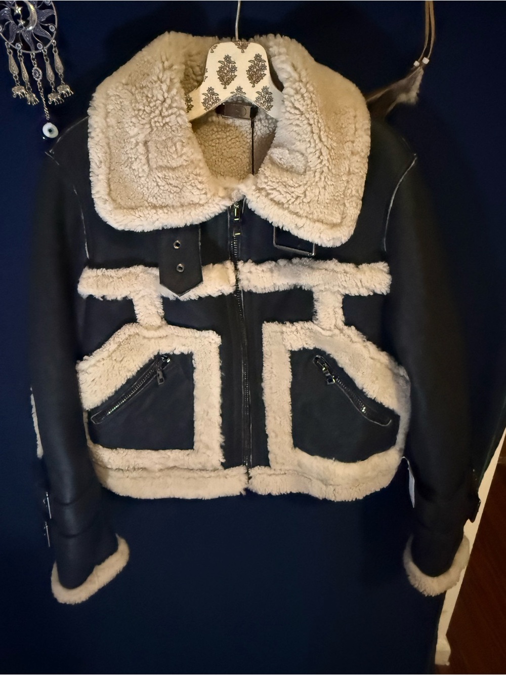 Womens Black Leather Aviator Jacket with Cream Shearling Trim
